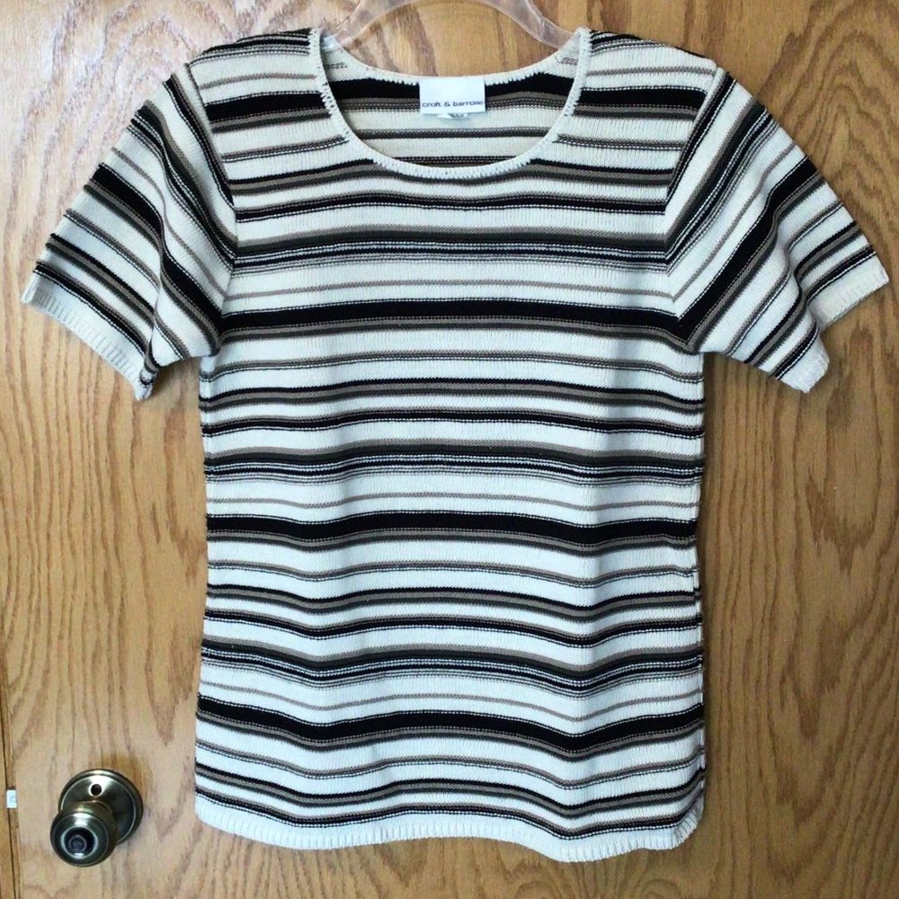 croft & barrow - Cream, black, tan & olive striped pullover short sleeve sweater